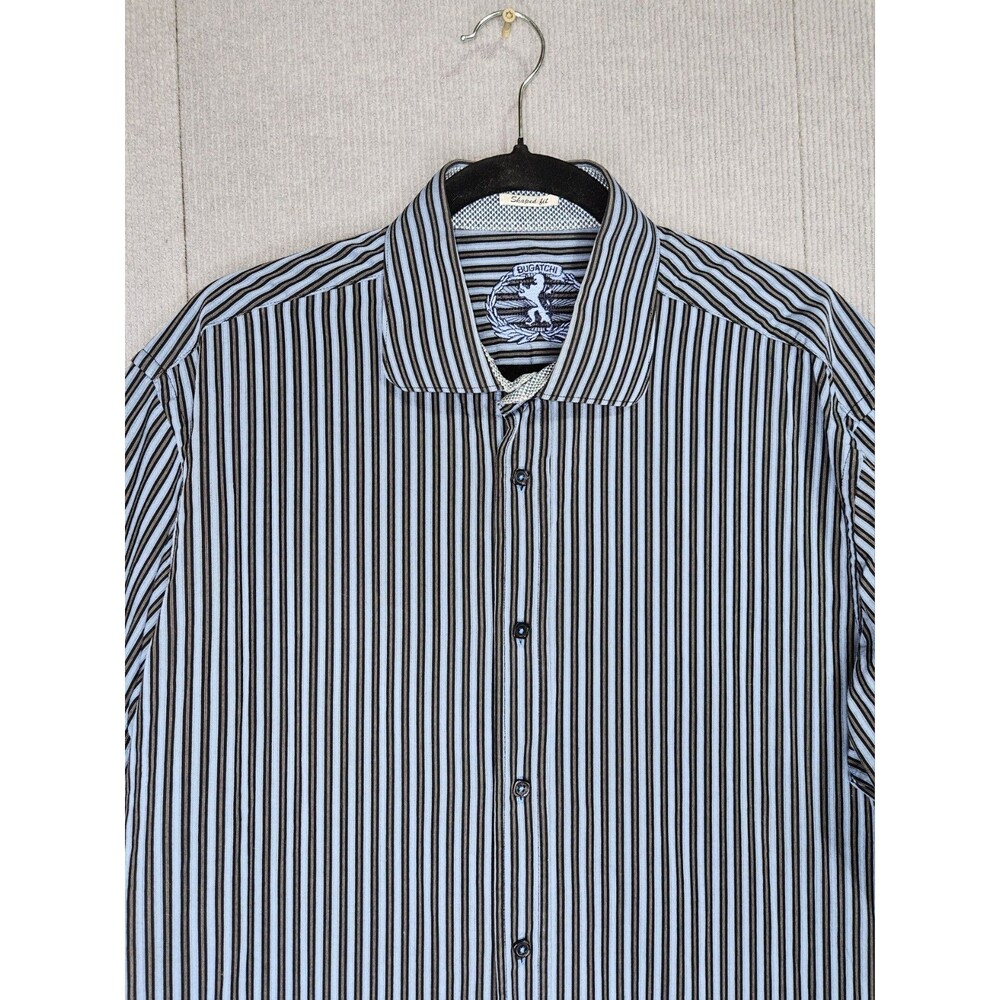 Bugatchi Uomo Shaped Fit Dress Shirt Mens Large Blue Black Striped 100% Cotton
